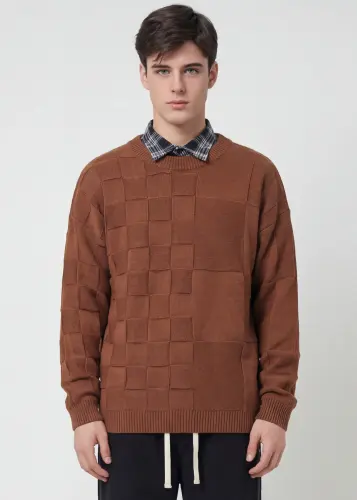 Mens Crewneck Pullover Fisherman Sweater Coffee