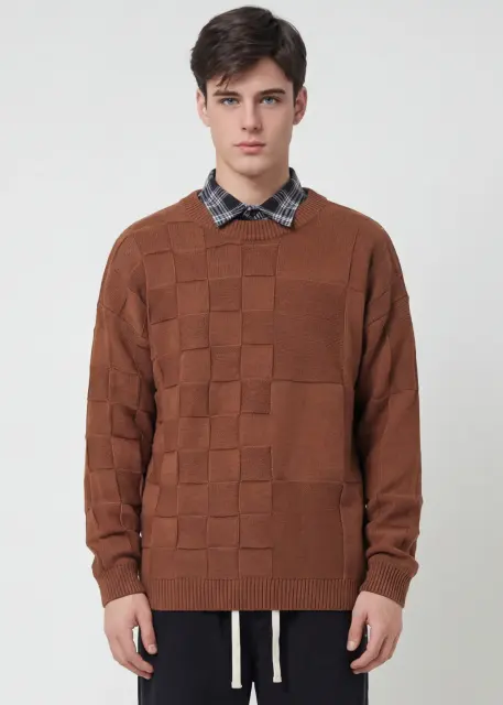 Mens Crewneck Pullover Fisherman Sweater Coffee