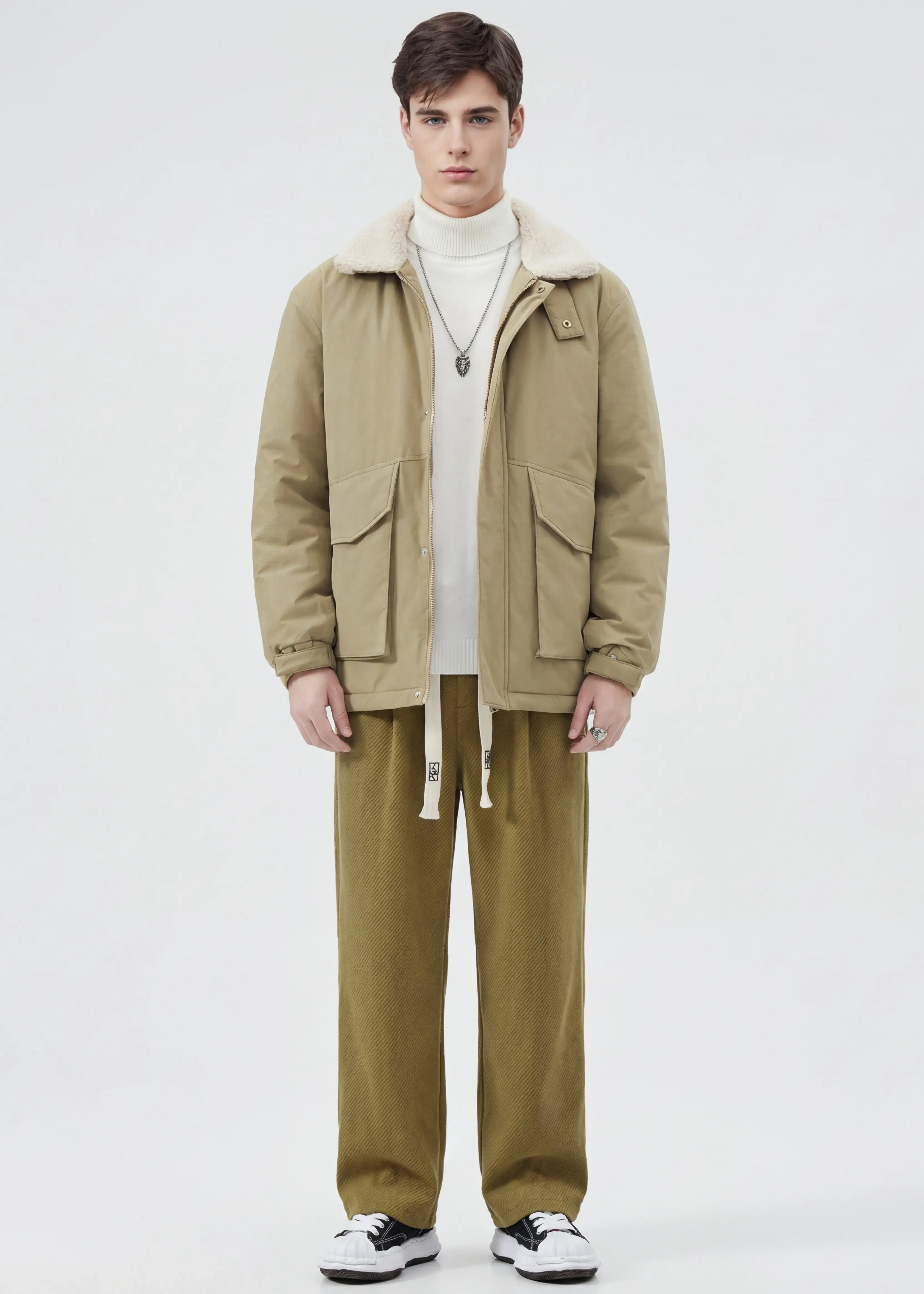 Men Puffer Down Jacket with SherpaTurn-down Collar Khaki
