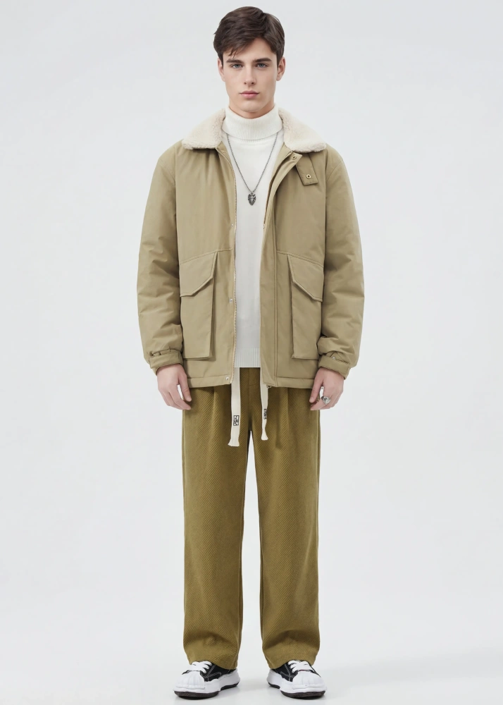 Men Puffer Down Jacket with SherpaTurn-down Collar Khaki