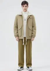 Men Puffer Down Jacket with SherpaTurn-down Collar Khaki