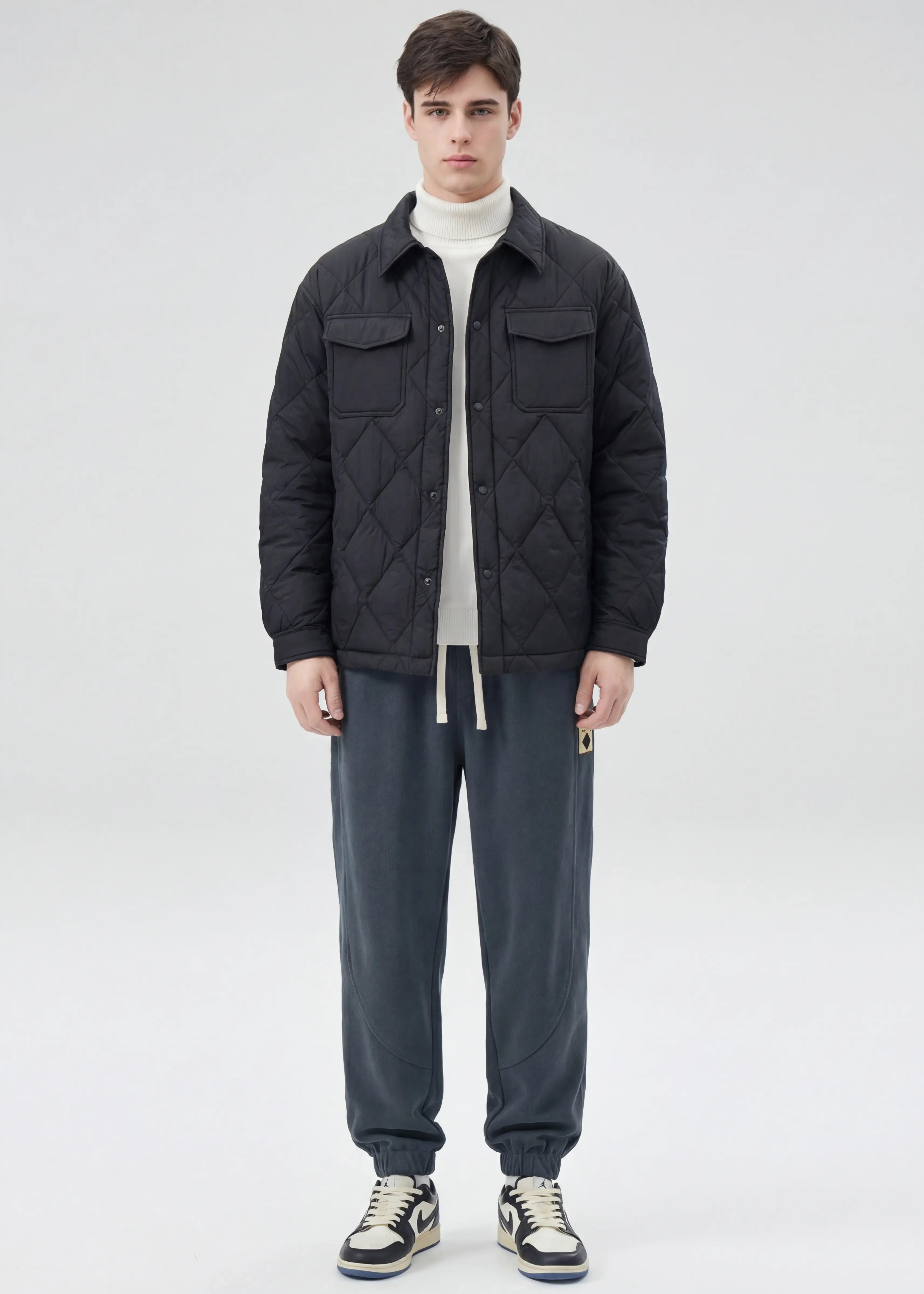 Men Rhombus Down Quilted Puffer Jacket Black
