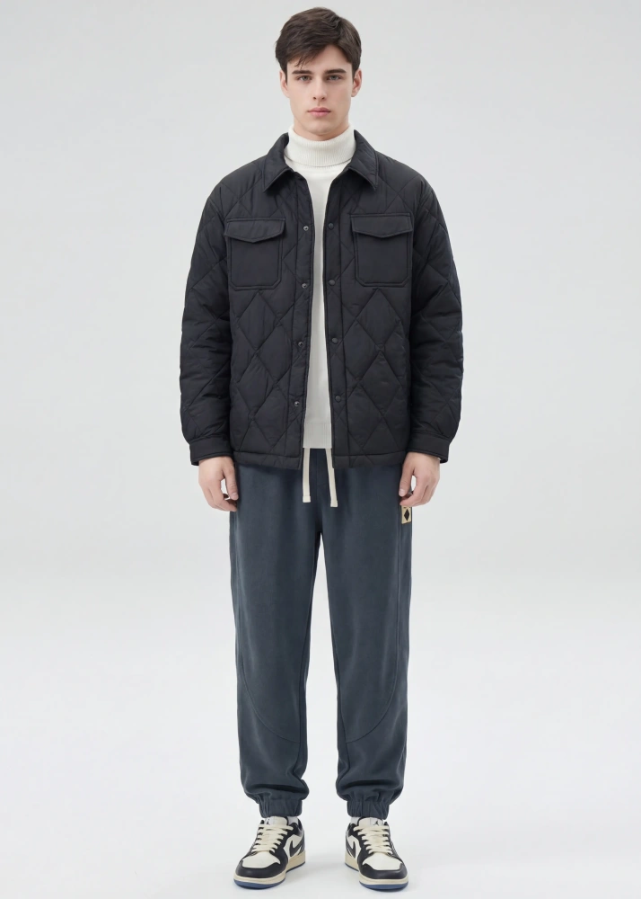Men Rhombus Down Quilted Puffer Jacket Black