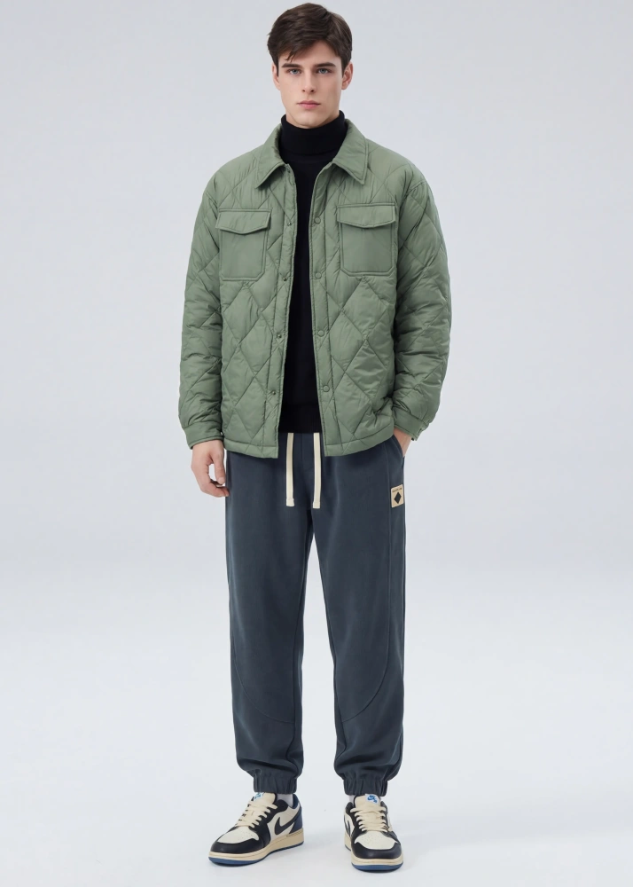 Men Rhombus Down Quilted Puffer Jacket Army Green
