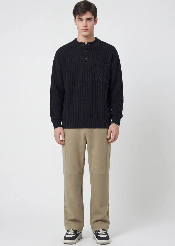 Mens Botton Mock Neck Pullover Sweater Black