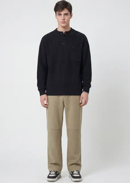 Mens Botton Mock Neck Pullover Sweater Black