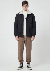 Men Puffer Down Jacket with SherpaTurn-down Collar Black