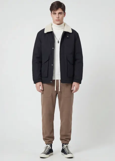 Men Puffer Down Jacket with SherpaTurn-down Collar Black