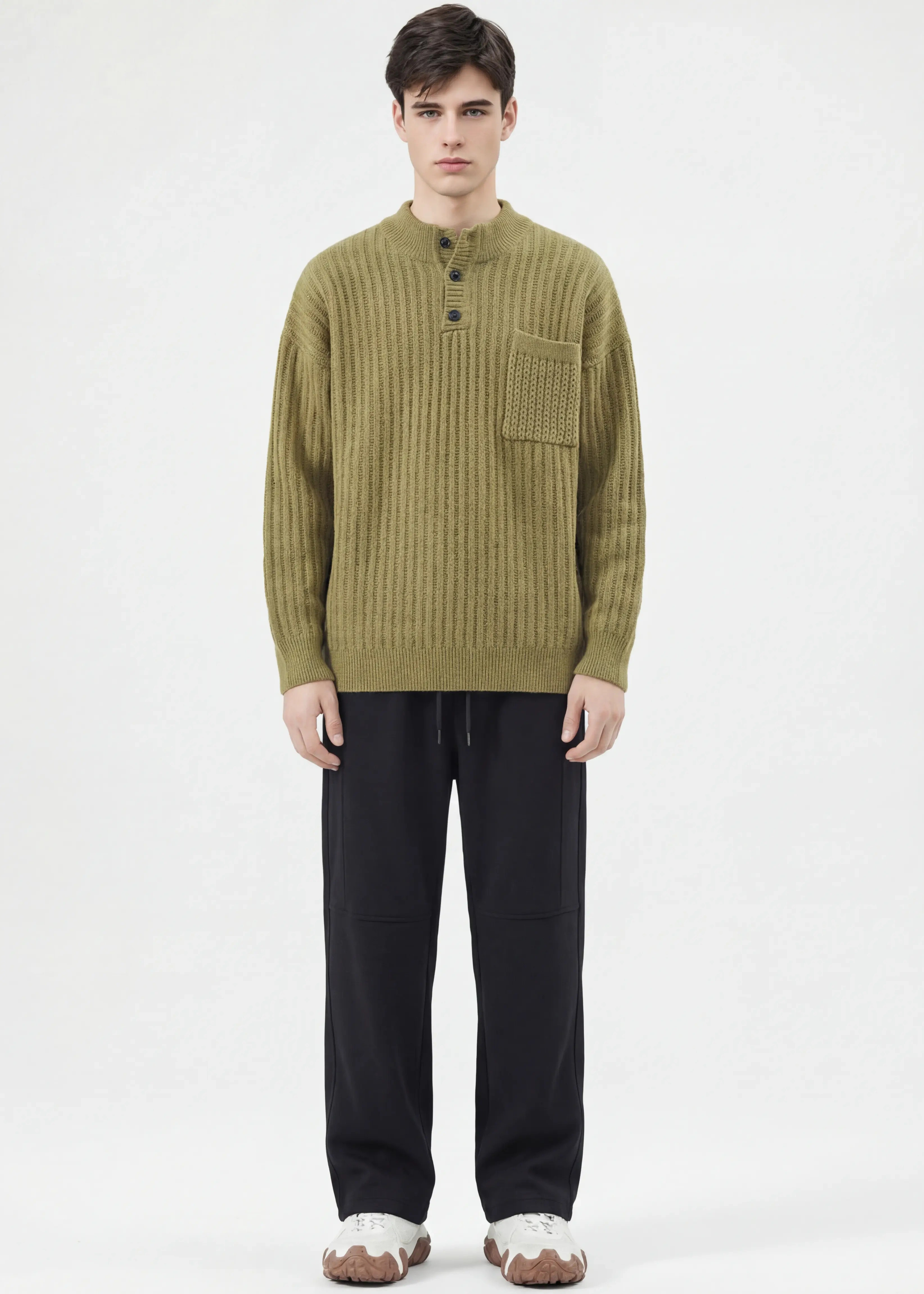Mens Botton Mock Neck Pullover Sweater Olive