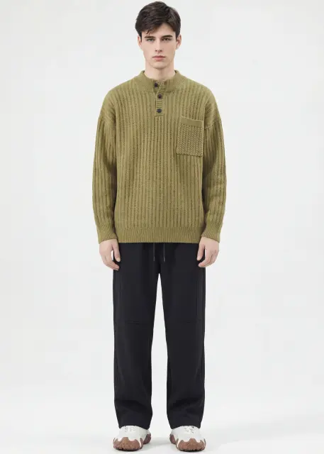 Mens Botton Mock Neck Pullover Sweater Olive