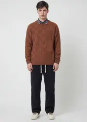 Mens Crewneck Pullover Fisherman Sweater Coffee