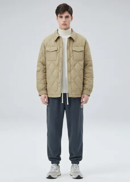 Men Rhombus Down Quilted Puffer Jacket Khaki