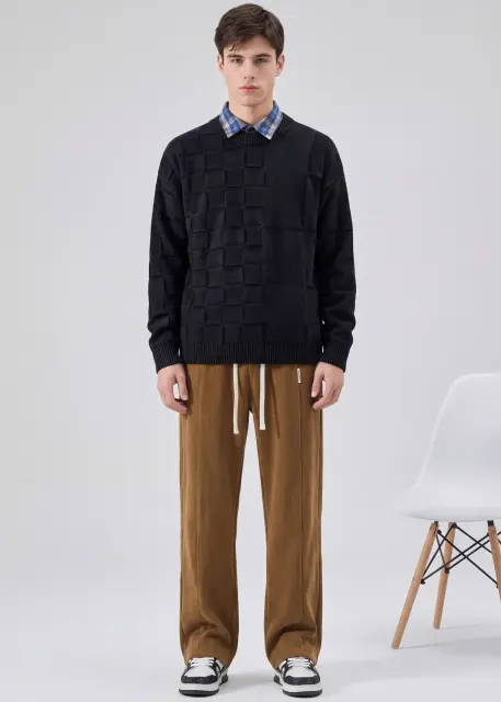 Mens Crewneck Pullover Fisherman Sweater Black