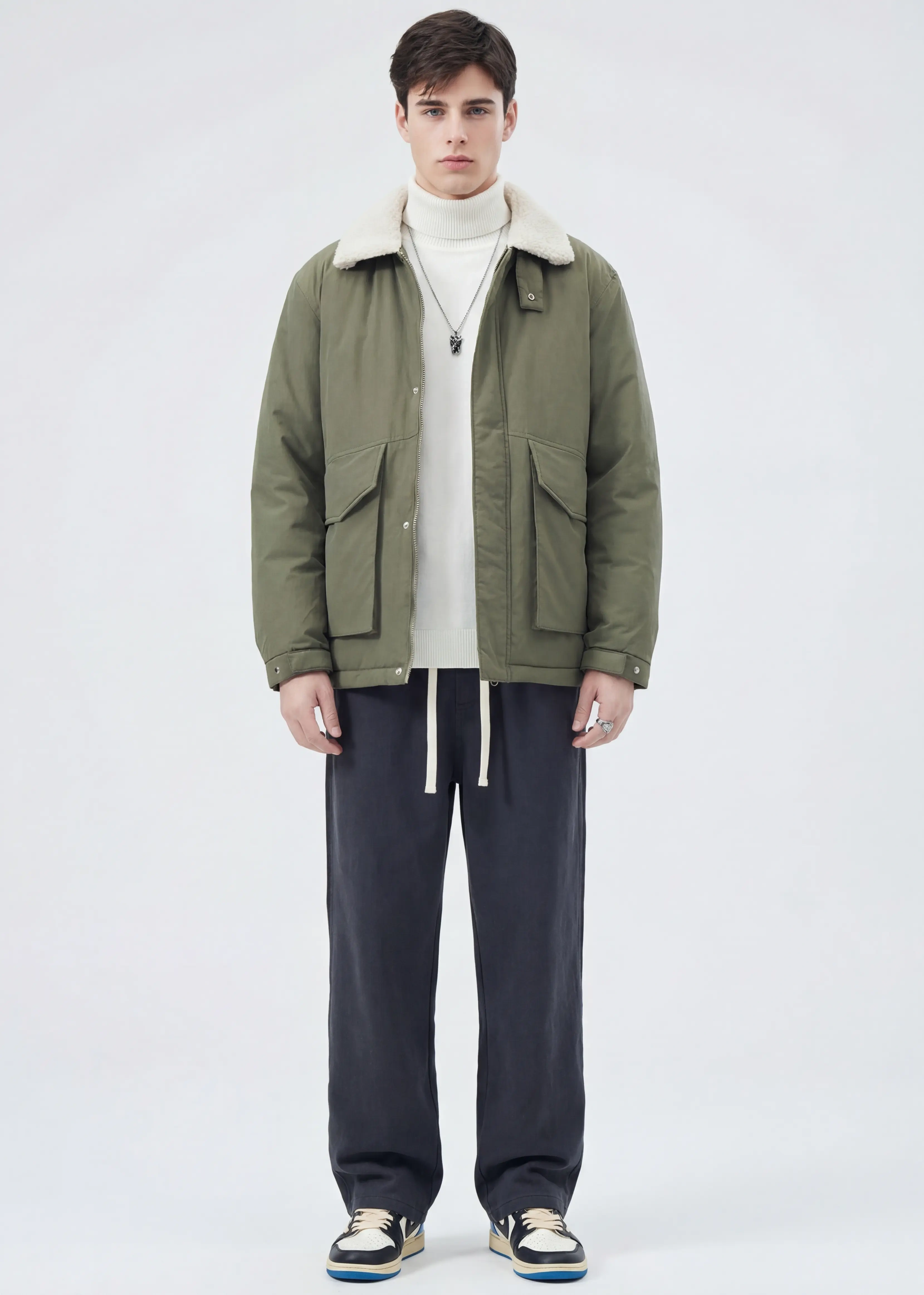 Men Puffer Down Jacket with SherpaTurn-down Collar Army Green