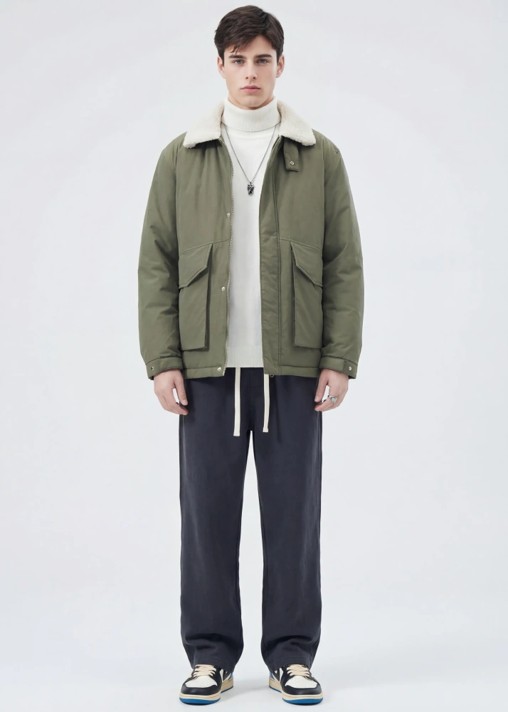 Men Puffer Down Jacket with SherpaTurn-down Collar Army Green