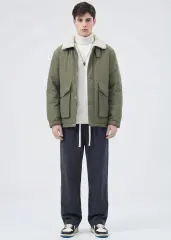 Men Puffer Down Jacket with SherpaTurn-down Collar Army Green