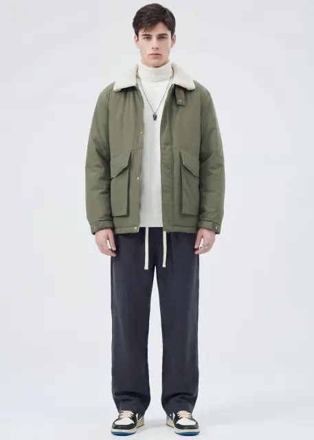 Men Puffer Down Jacket with SherpaTurn-down Collar Army Green
