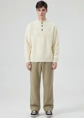 Mens Botton Mock Neck Pullover Sweater Beige