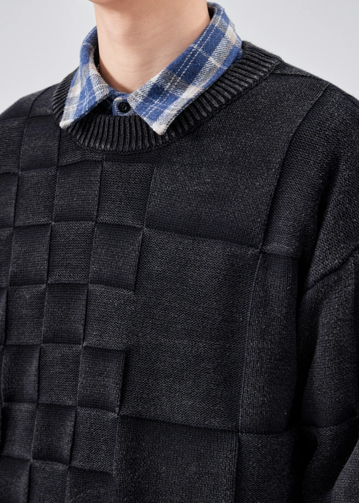 Mens Crewneck Pullover Fisherman Sweater Black