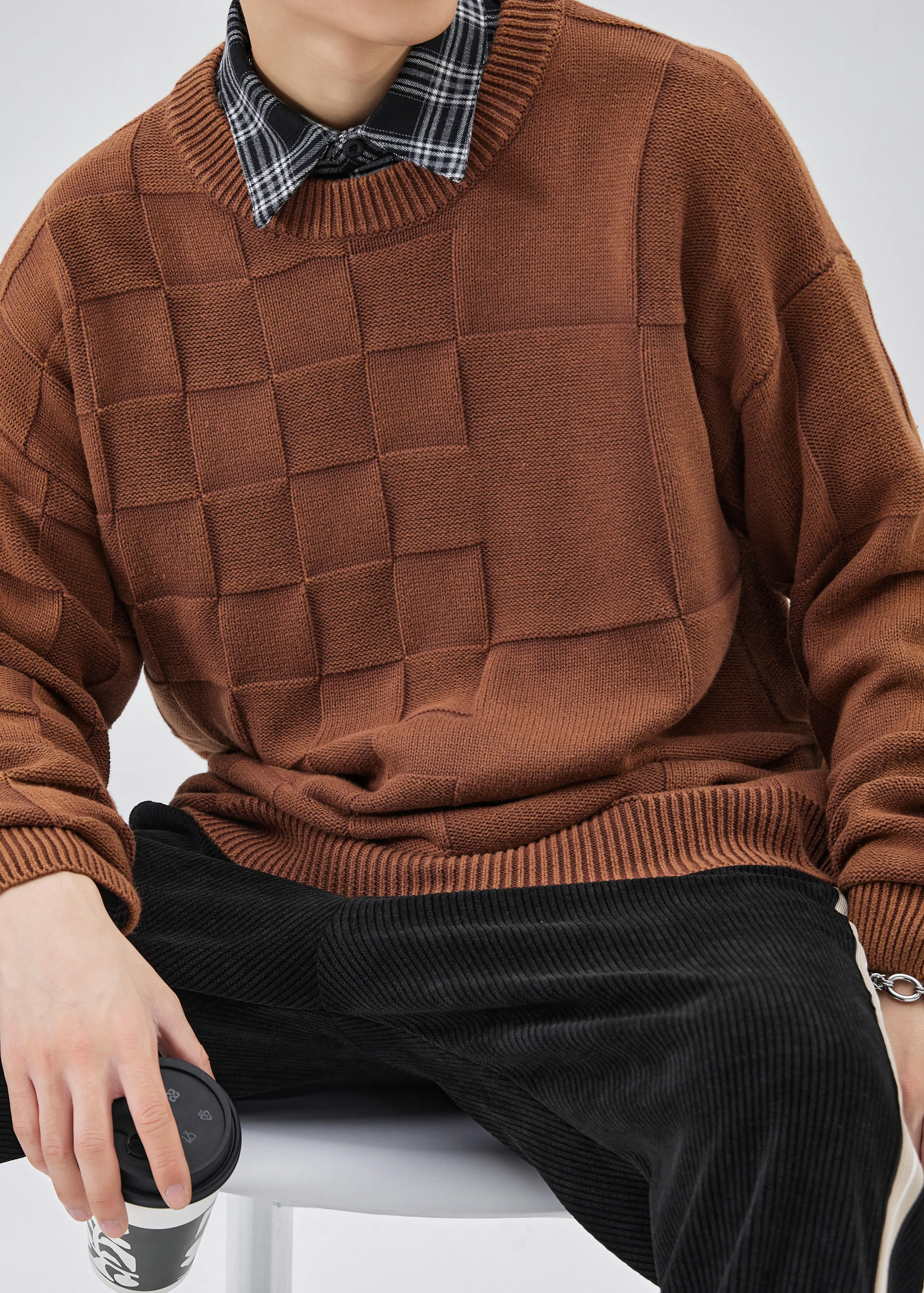 Mens Crewneck Pullover Fisherman Sweater Coffee