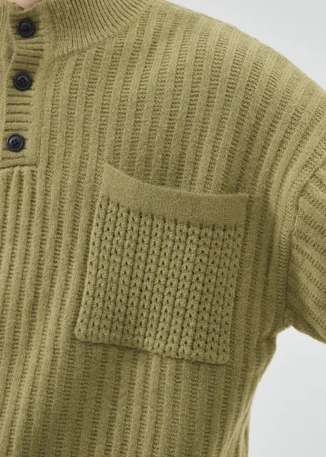 Mens Botton Mock Neck Pullover Sweater Olive