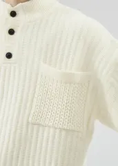 Mens Botton Mock Neck Pullover Sweater Beige