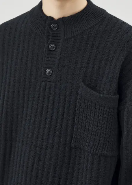 Mens Botton Mock Neck Pullover Sweater Black
