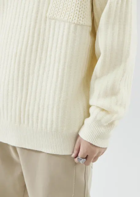 Mens Botton Mock Neck Pullover Sweater Beige