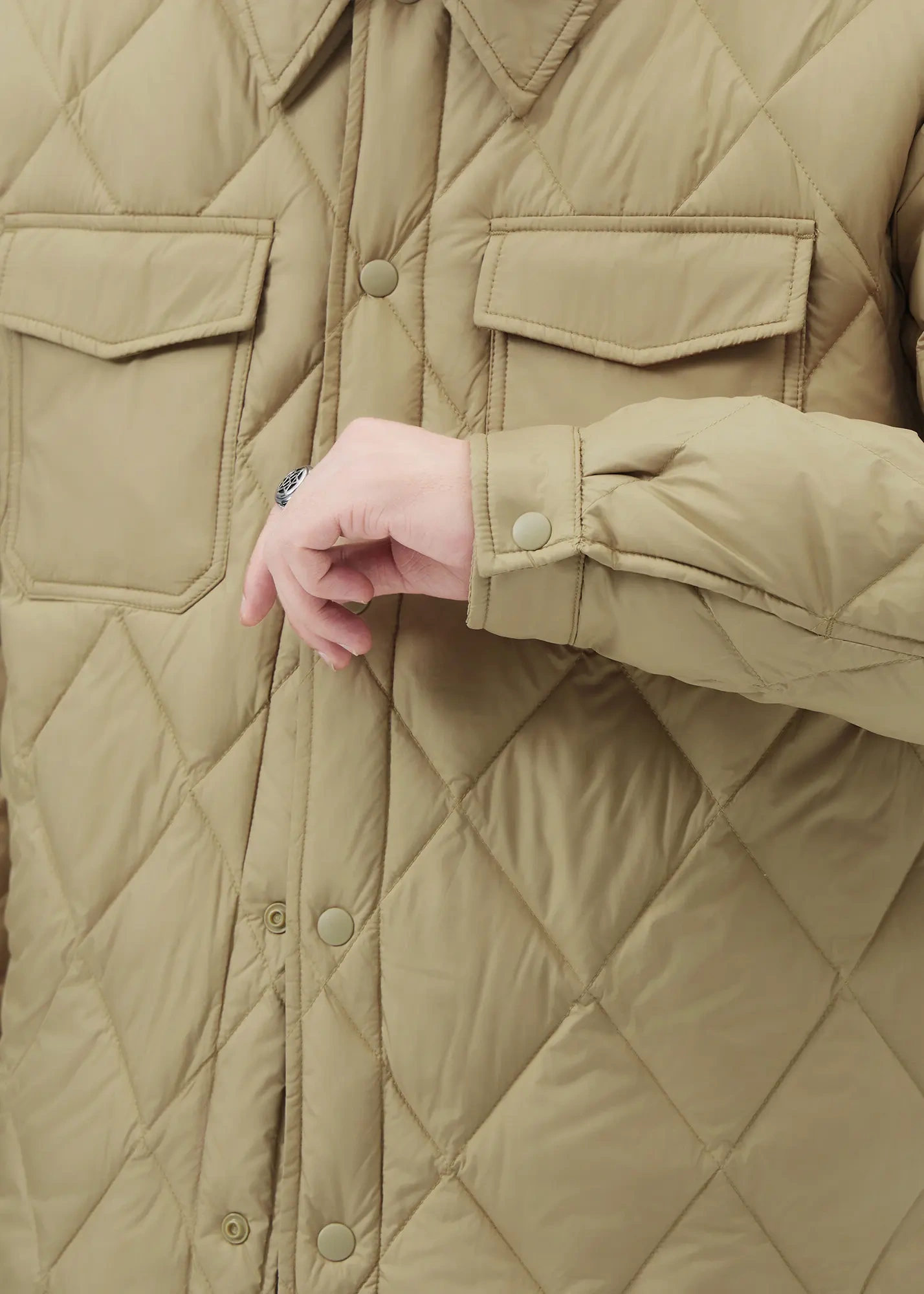 Men Rhombus Down Quilted Puffer Jacket Khaki