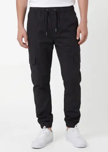 Man Lightweight Cargo Jogger Pants Slim Fit Black