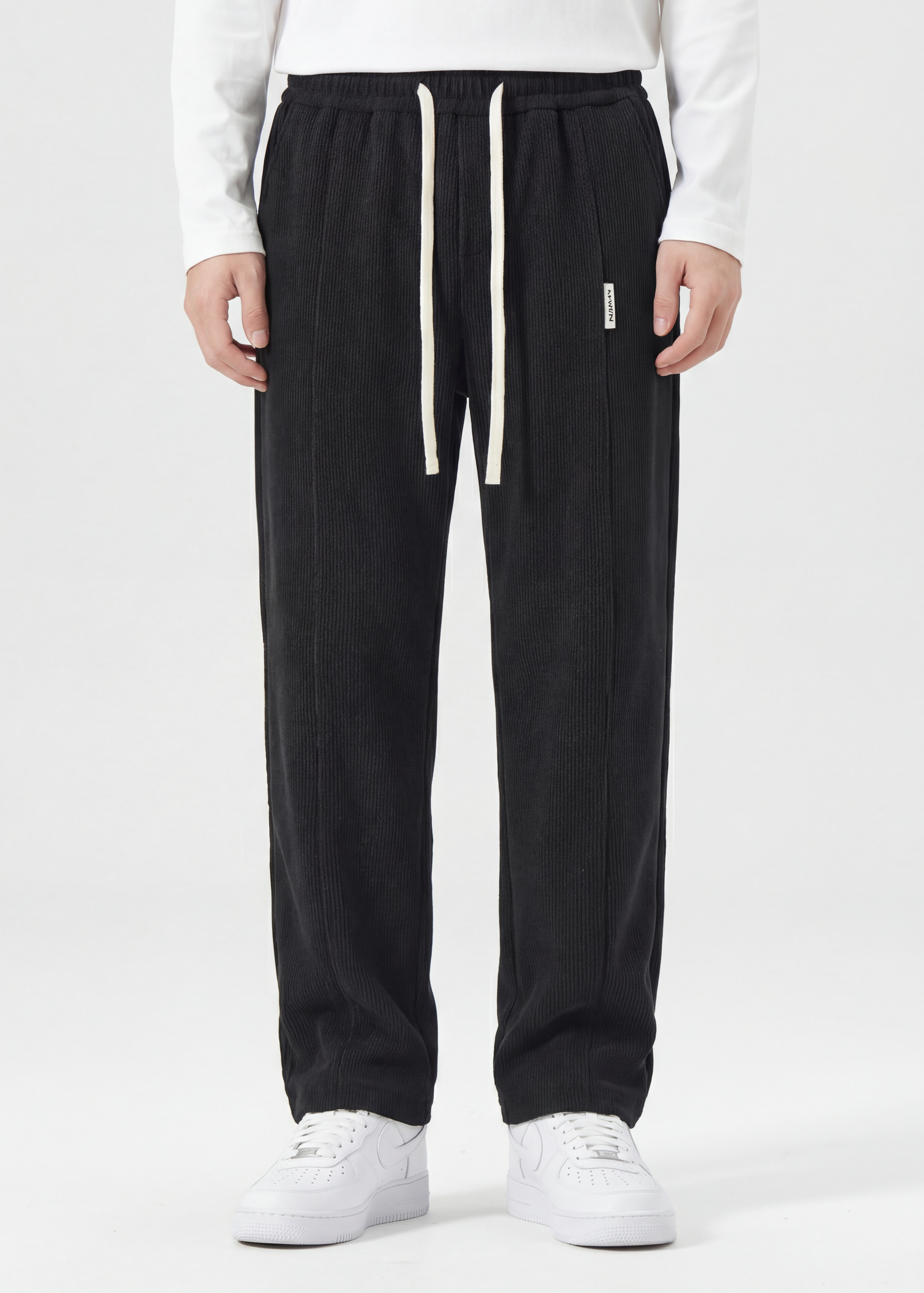 Men Corduroy Pants with Pockets Elastic Waist Casual Relaxed Fit Black