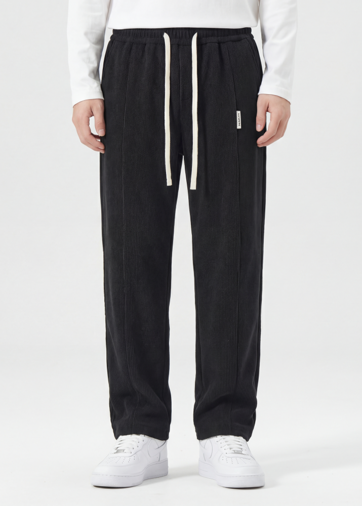 Men Corduroy Pants with Pockets Elastic Waist Casual Relaxed Fit Black