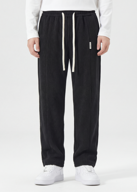 Men Corduroy Pants with Pockets Elastic Waist Casual Relaxed Fit Black