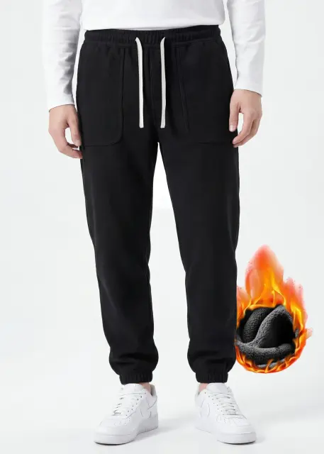 Mens Fleece Lined Sweatpants Winter Warm Running Outdoor Jogger Pants Regular Fit Black