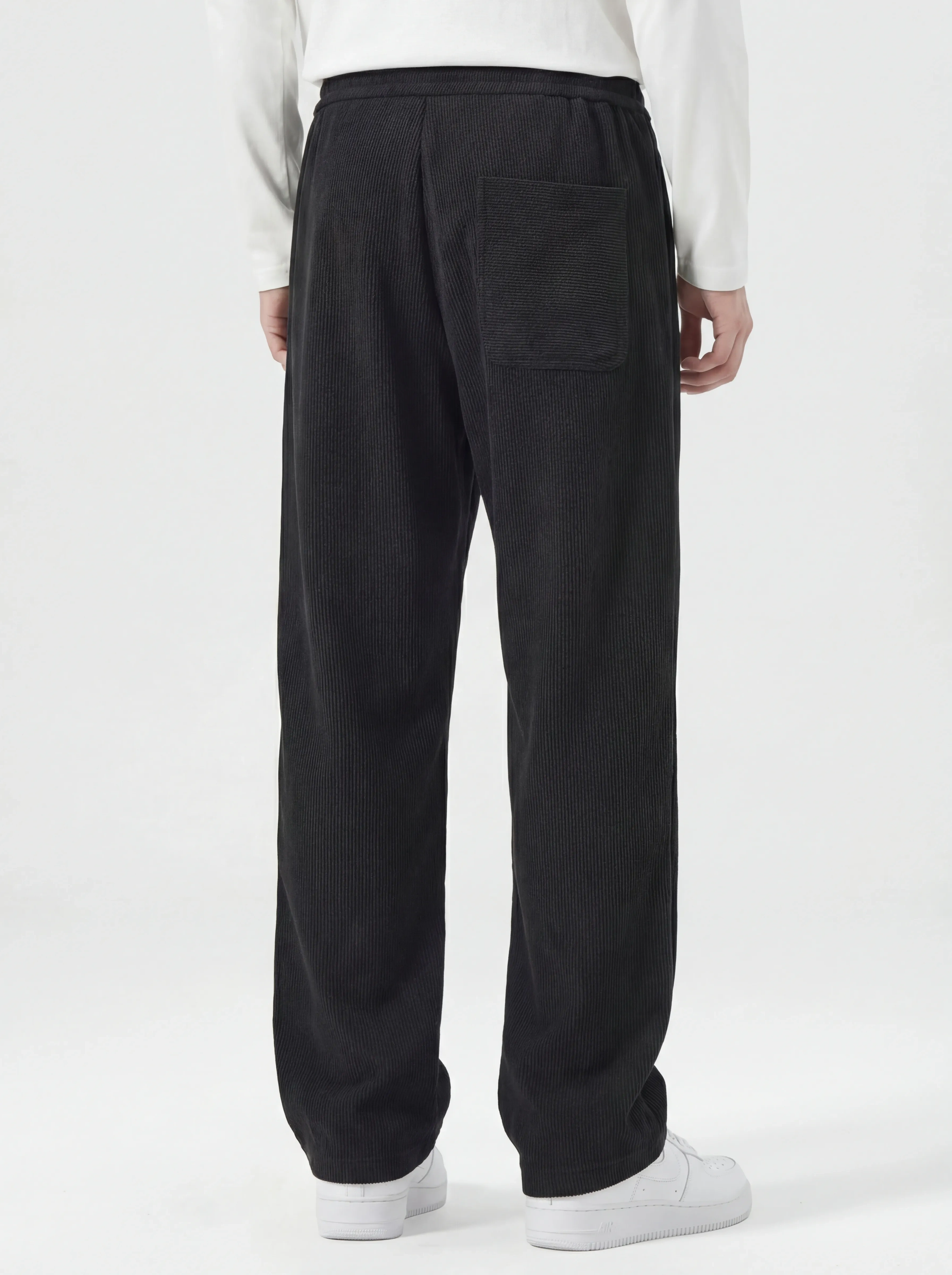 Men Corduroy Pants with Pockets Elastic Waist Casual Relaxed Fit Black