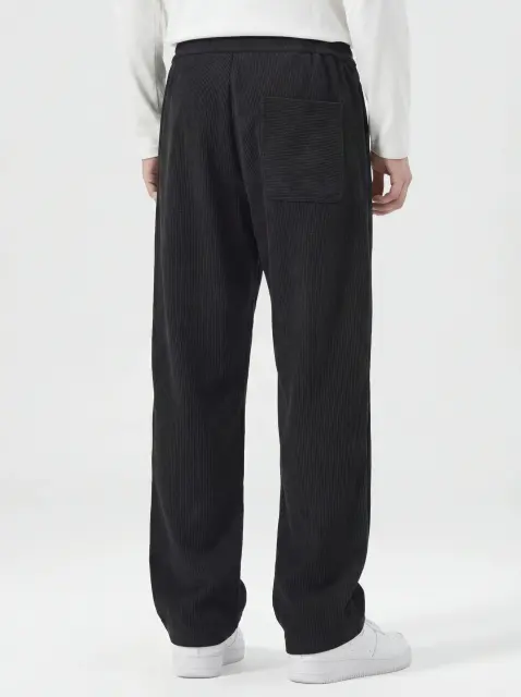 Men Corduroy Pants with Pockets Elastic Waist Casual Relaxed Fit Black