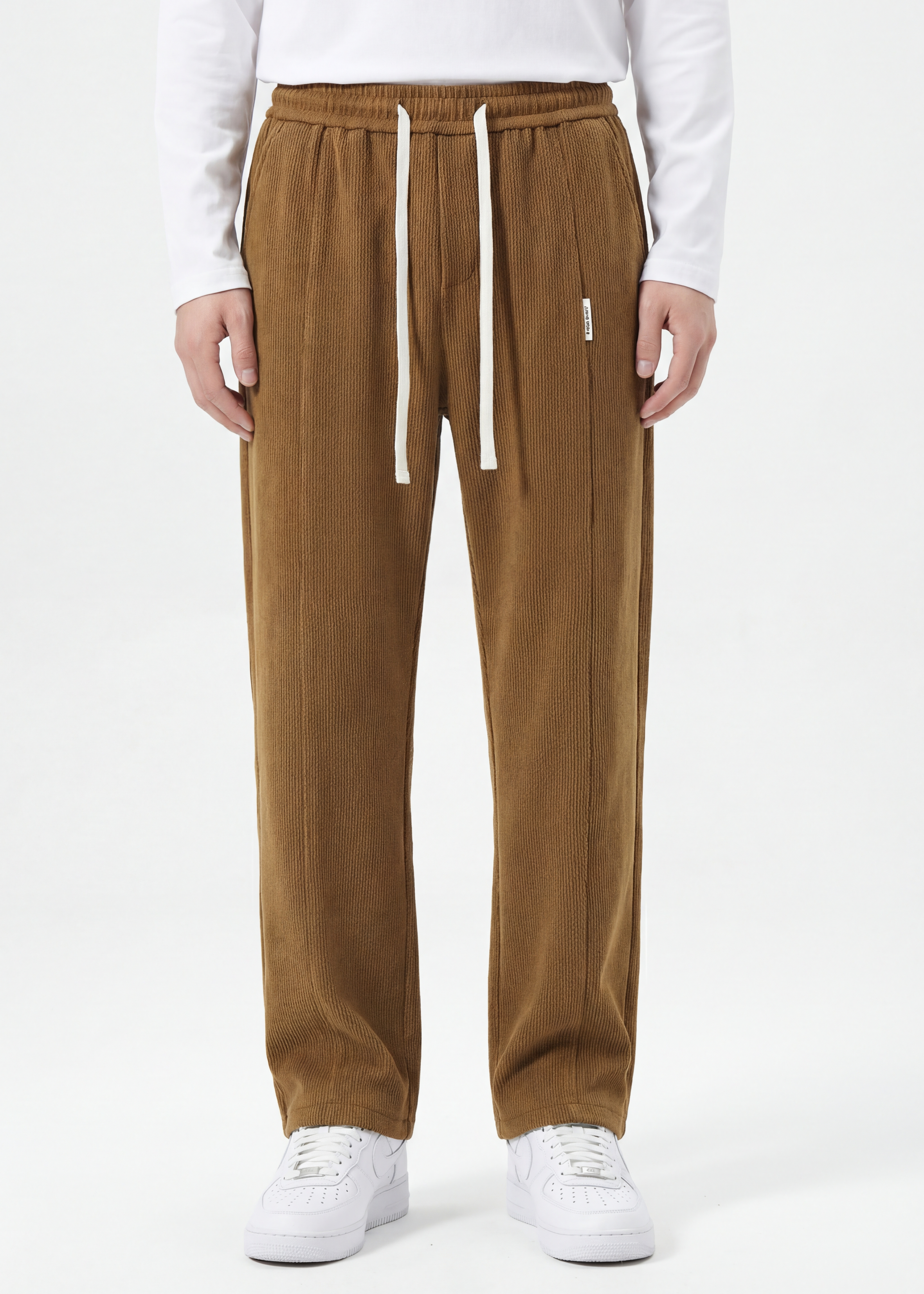 Men Corduroy Pants with Pockets Elastic Waist Casual Relaxed Fit Brown