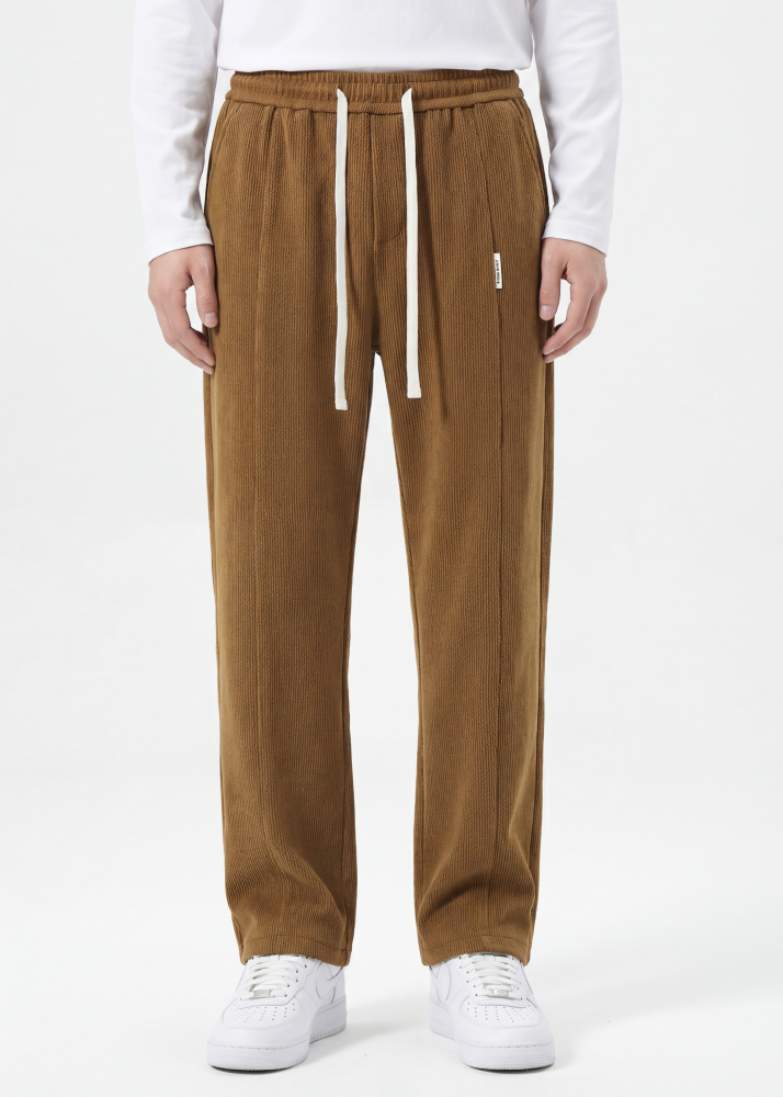 Men Corduroy Pants with Pockets Elastic Waist Casual Relaxed Fit Brown