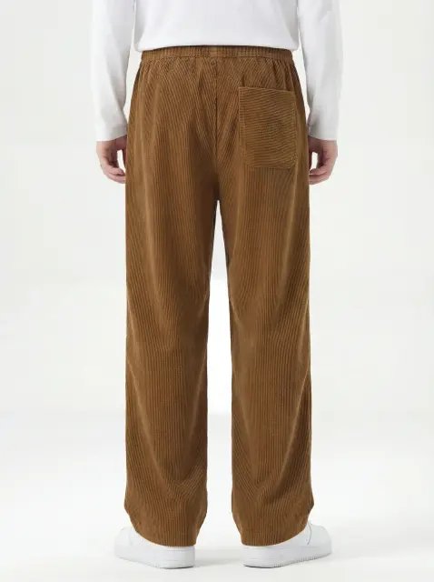 Men Corduroy Pants with Pockets Elastic Waist Casual Relaxed Fit Brown