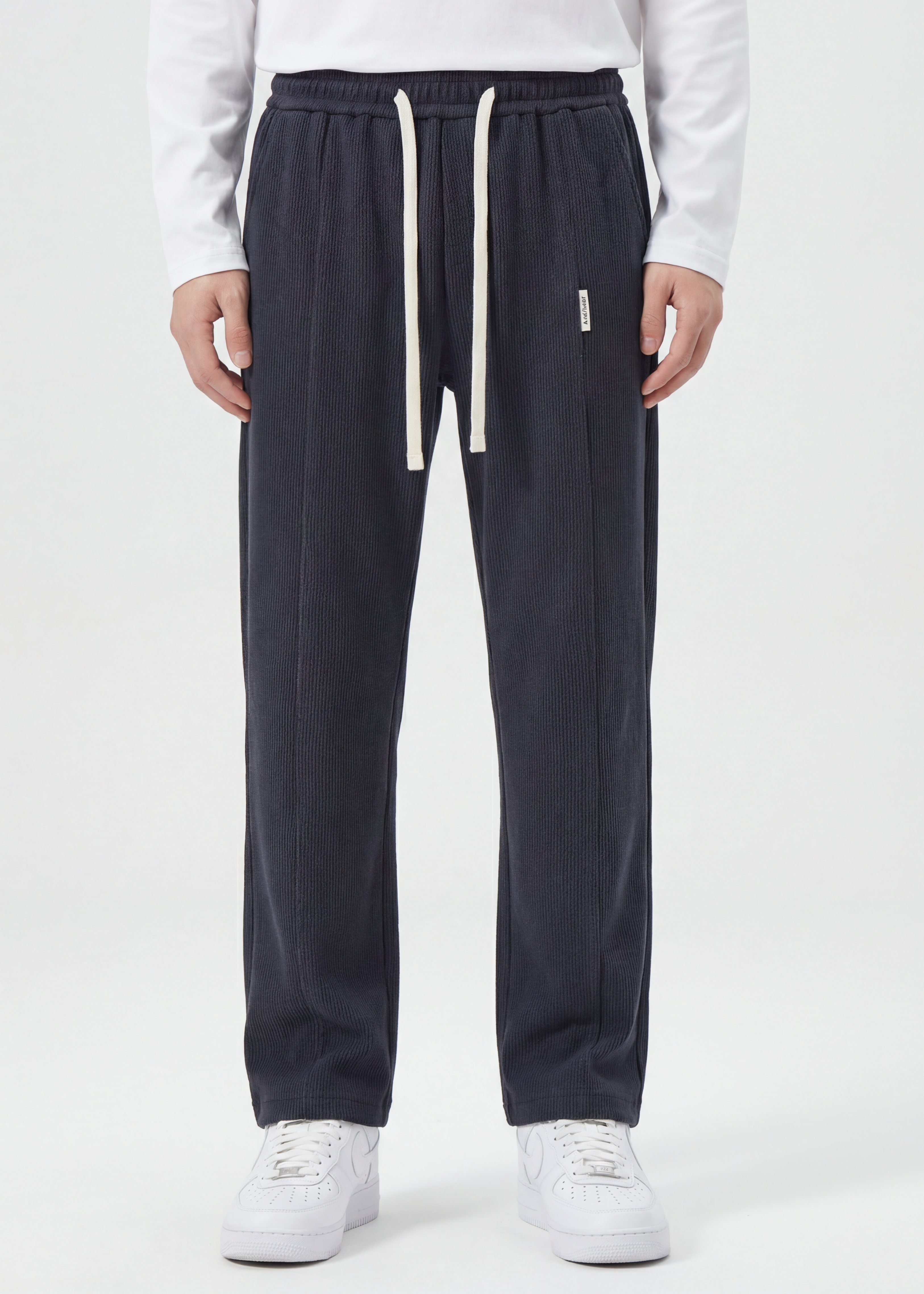 Men Corduroy Pants with Pockets Elastic Waist Casual Relaxed Fit Dark Grey
