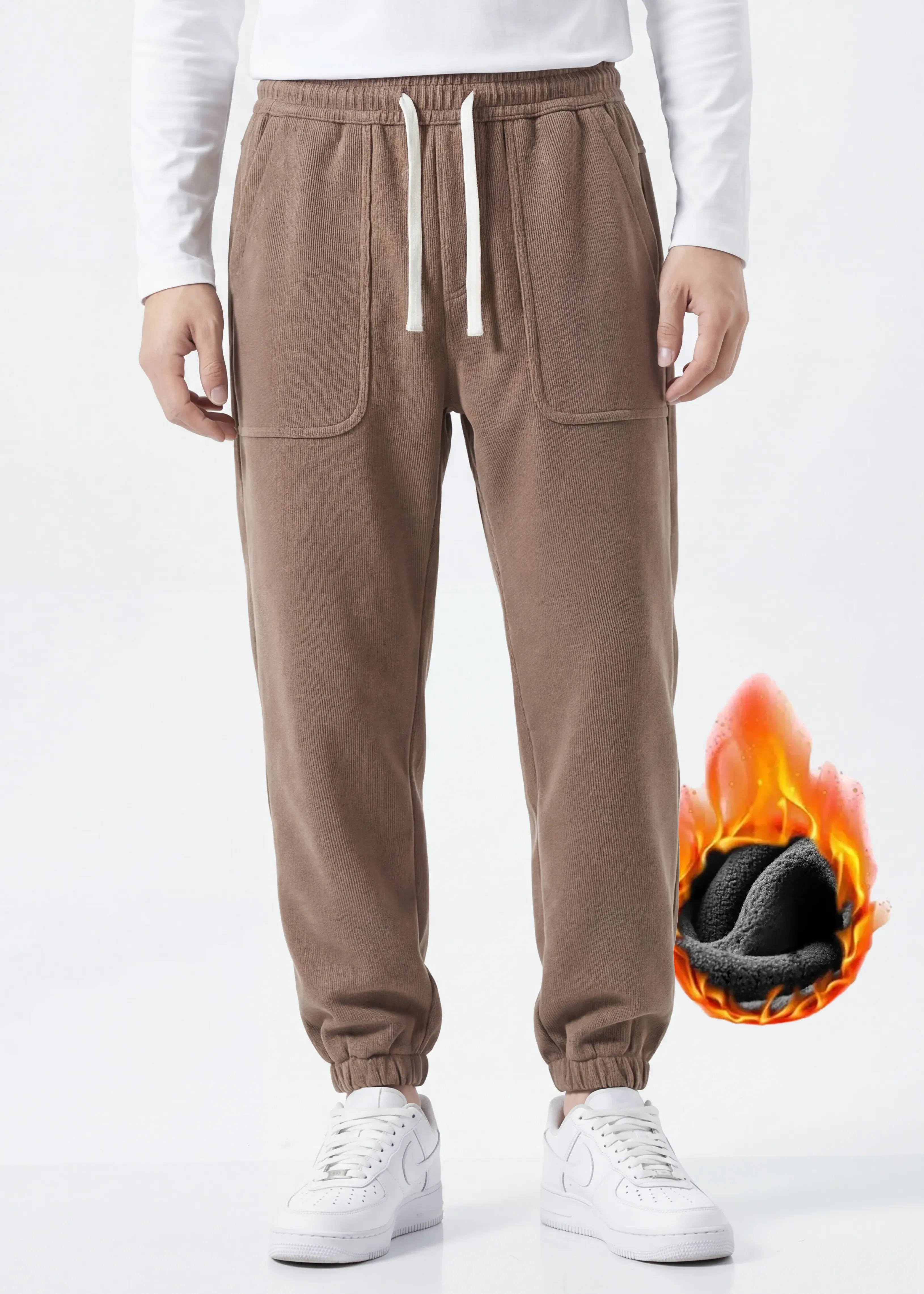 Mens Fleece Lined Sweatpants Winter Warm Running Outdoor Jogger Pants Regular Fit Khaki