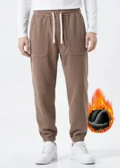 Mens Fleece Lined Sweatpants Winter Warm Running Outdoor Jogger Pants Regular Fit Khaki