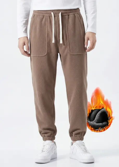 Mens Fleece Lined Sweatpants Winter Warm Running Outdoor Jogger Pants Regular Fit Khaki
