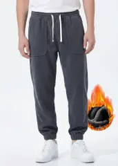Mens Fleece Lined Sweatpants Winter Warm Running Outdoor Jogger Pants Regular Fit Natural Grey