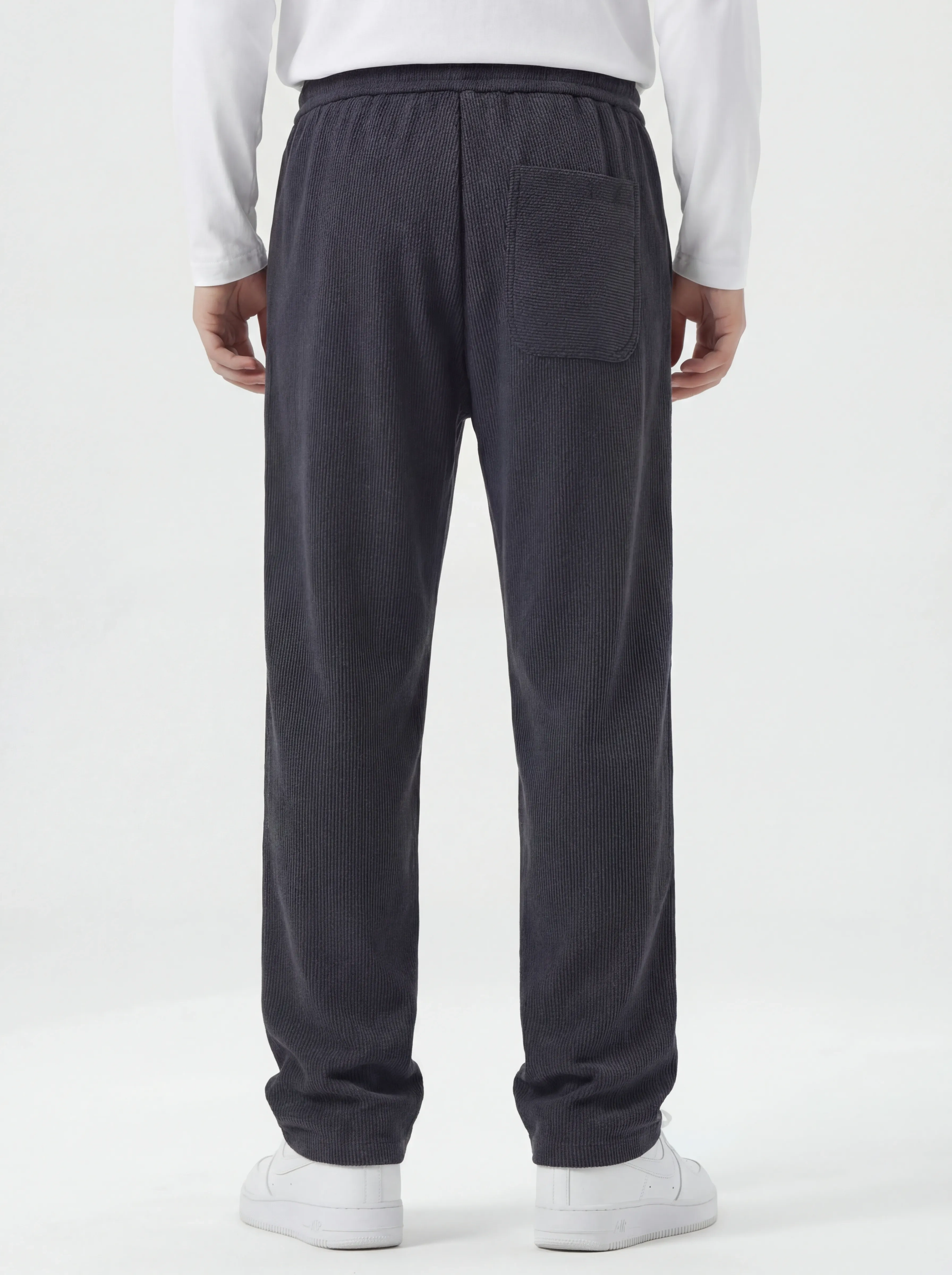 Men Corduroy Pants with Pockets Elastic Waist Casual Relaxed Fit Dark Grey