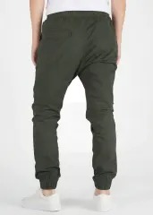 Back view of ItalyMorn men's army green jogger pants, displaying the tailored fit, secure back pockets, and comfortable ribbed ankle cuffs