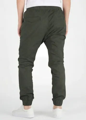 Back view of ItalyMorn men's army green jogger pants, displaying the tailored fit, secure back pockets, and comfortable ribbed ankle cuffs