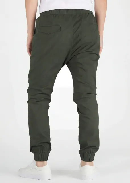 Back view of ItalyMorn men's army green jogger pants, displaying the tailored fit, secure back pockets, and comfortable ribbed ankle cuffs