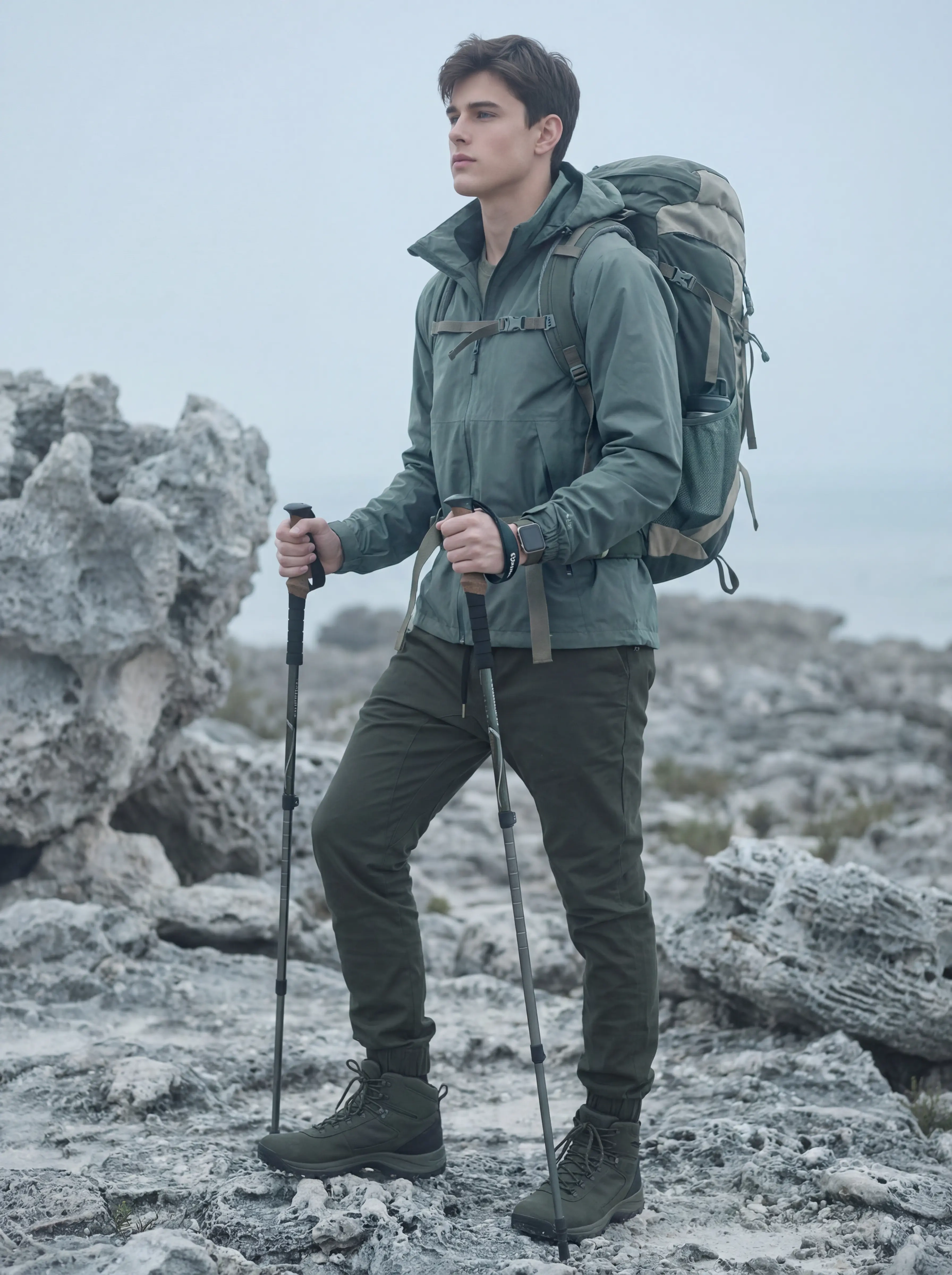 A male hiker standing on rocky terrain wearing a backpack and ItalyMorn men's army green jogger pants, demonstrating the pants' rugged durability and comfort for outdoor exploration