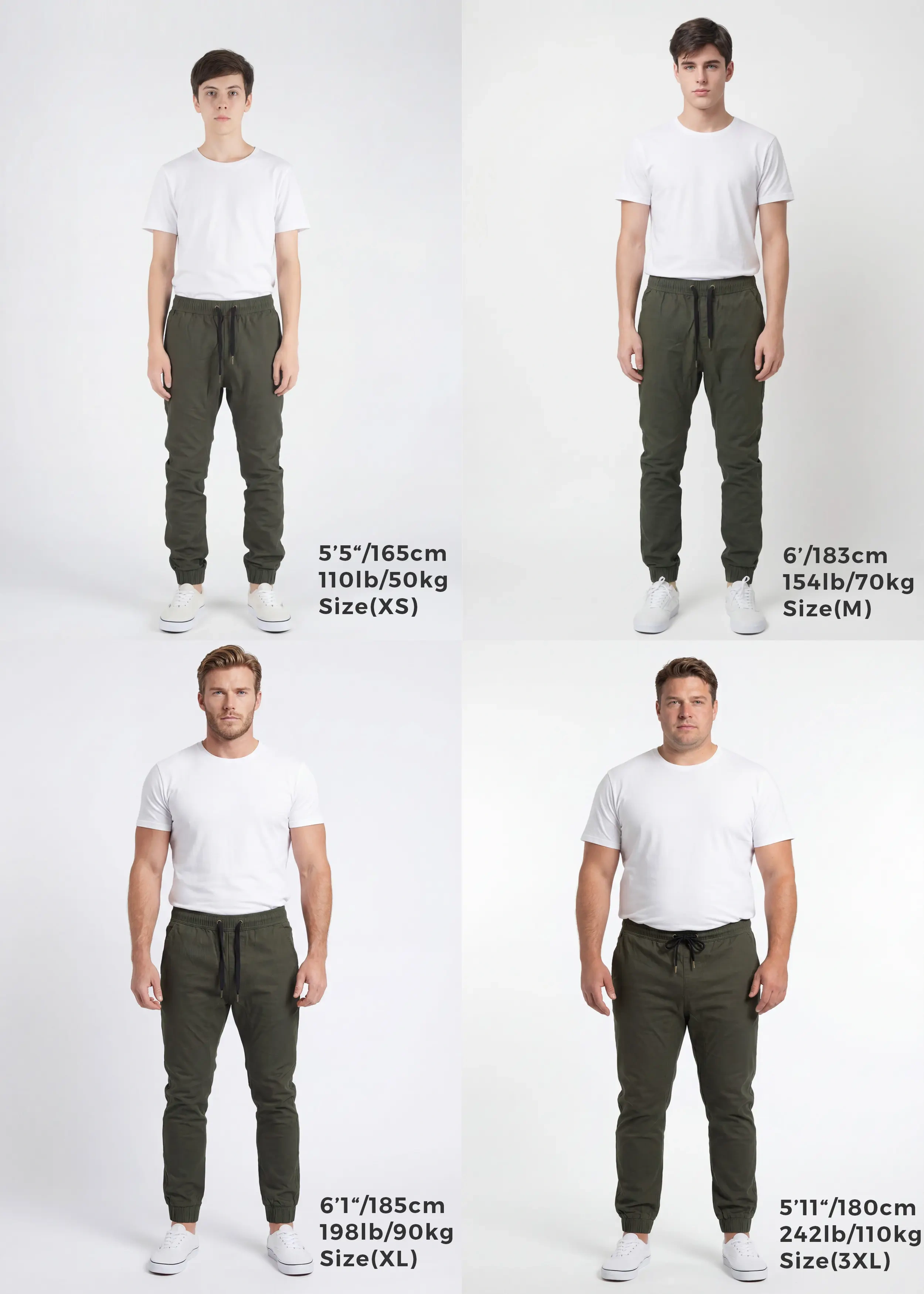 Size guide for ItalyMorn men's army green jogger pants, featuring four models wearing sizes XS, M, XL, and 3XL to show the true fit across different body shapes and heights